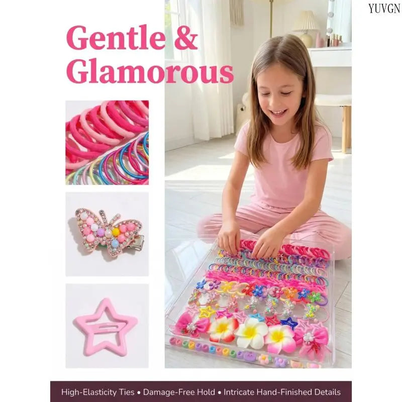 546-Piece Elastic Hair Accessory Set - Cute Colorful Cartoon Clips, Flower Barrettes, Ties for Daily Wear, Party, Playful Look, Flower Barrette Fun, Mix and Match for Fresh Daily Looks (546 Styles Inside)
