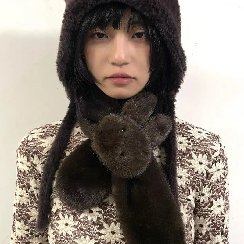 Women's Cartoonish Cute Rabbit Modelling Mock Mink Hair Warm Scarf - 85x10cm, One Size Home Decor Statue Accessory with Warmth, Black White Accent