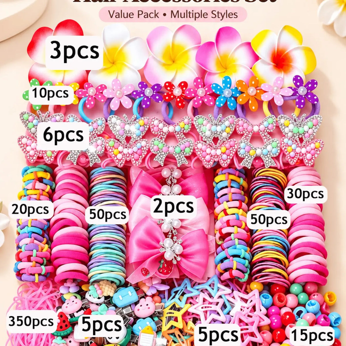546 Pcs Girls' Hair Accessories Set, Colorful Cartoon Hair Clips, Flower Barrettes & Elastic Hair Ties for Daily Wear, School & Birthday Gifts