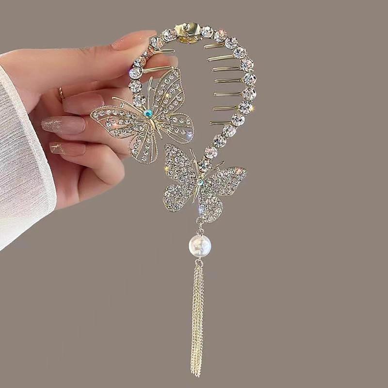 Women's Chinese-Style Alloy-Resin Bling Butterfly Hair Clip with Tassel Holders, Elegant Bun Claw, Ponytail Holder, One Size for Engagement, Anniversary, Business Occasions