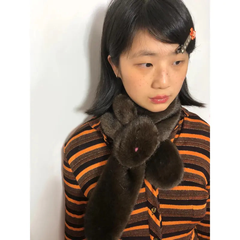 Women's Cartoonish Cute Rabbit Modelling Mock Mink Hair Warm Scarf - 85x10cm, One Size Home Decor Statue Accessory with Warmth, Black White Accent