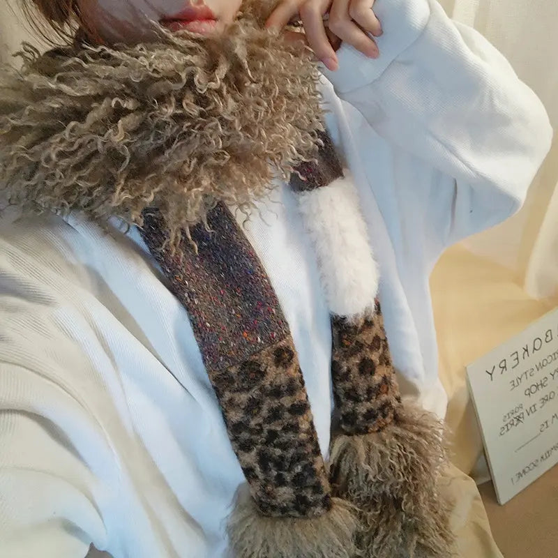 Knitted Scarf with Color Block Design, Versatile and Warm, Unique Leopard Print Scarf for Men and Women