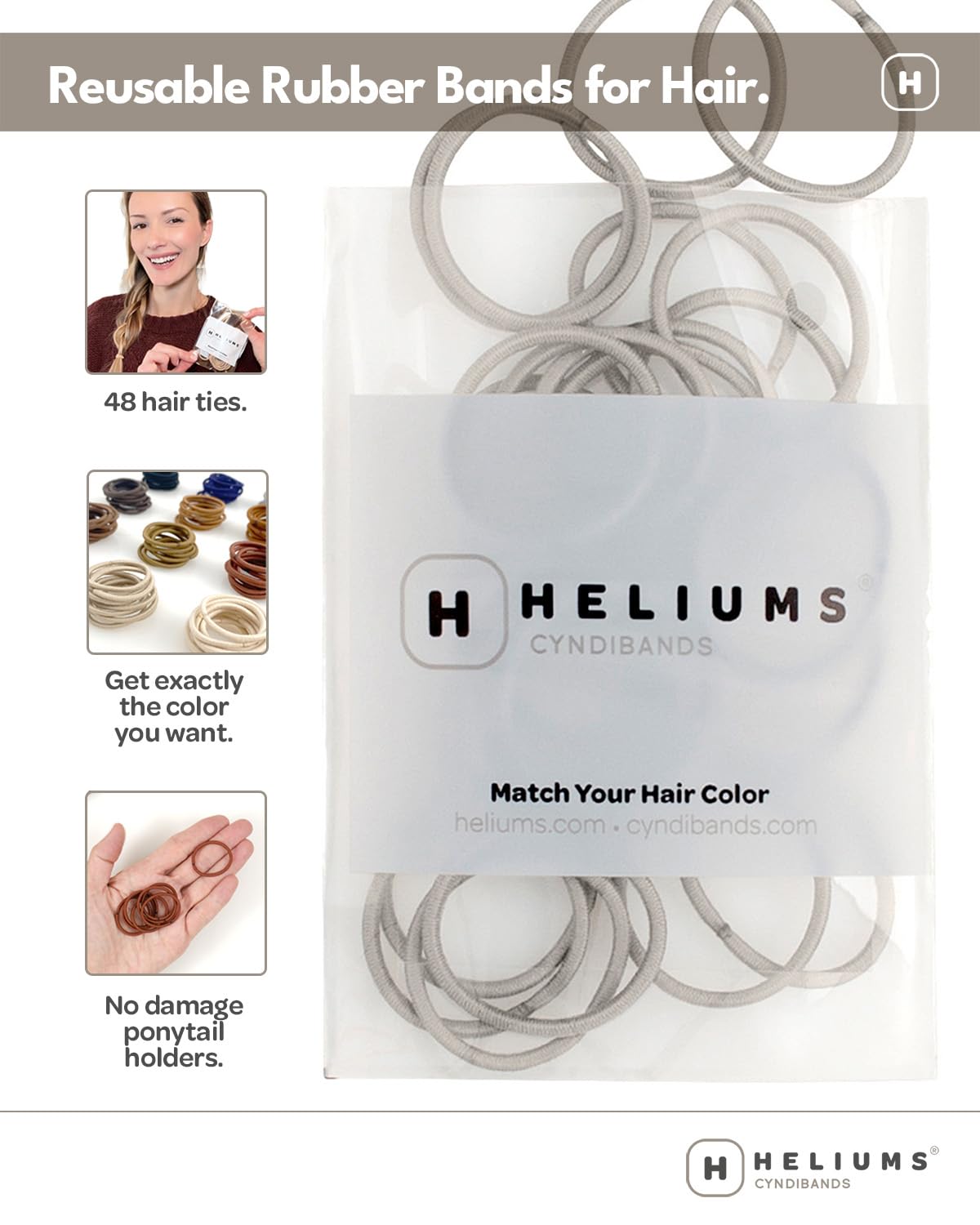 Heliums Small Hair Ties - Gray - No Damage Mini 1 Inch Reusable 2mm Elastics for Thin Hair and Kids, Neutral Ponytail Holders - 48 Count