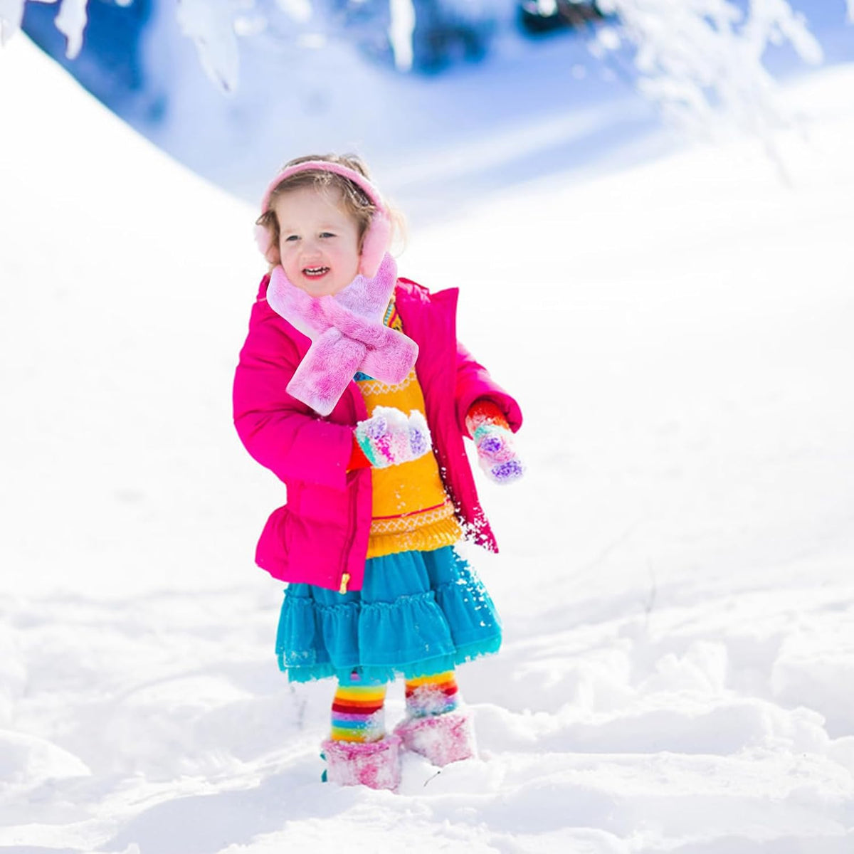 Kids Toddler Scarf Winter Rainbow Scarf Gradient Cross Tie Collar Fluffy Fur Plush Scarves Neck Warmer for Girls Boys