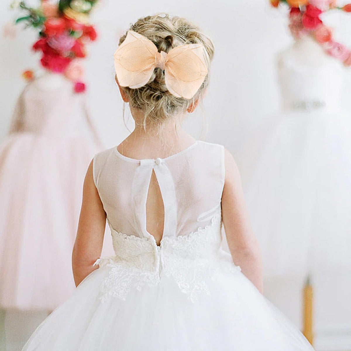 5.5-Inch Organza Double Hair Bows Alligator Clips Hair Accessories for Girls Toddler Kids Children Teens -Champagne Gold