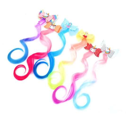 6 Pcs Hair Accessories for Girls,Bows for Girls,Unicorn Hair Clips with Colorful Ombre Hair Extensions, Glitter Bow Design
