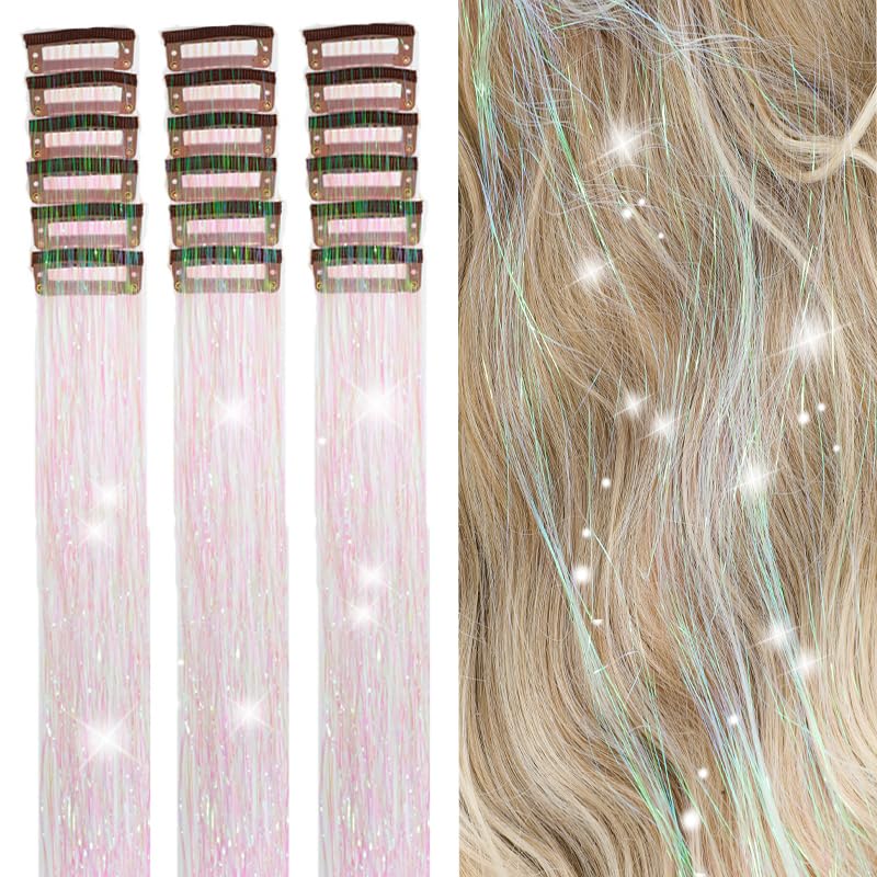 18 Pcs Hair Tinsel Clip in, Pink Hair Tinsel Kit, Tinsel Hair Extensions