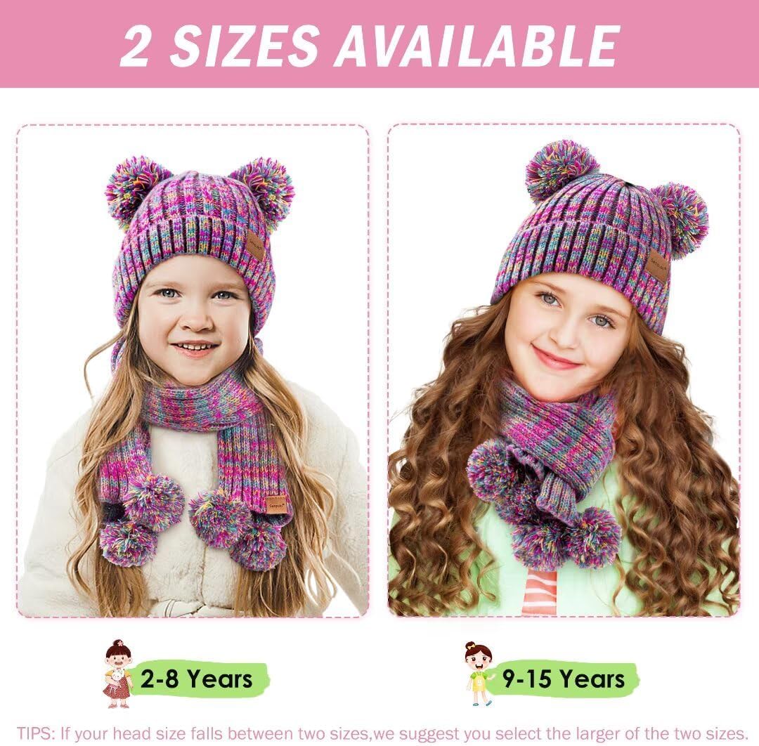 Kids Winter Hat Gloves Scarf Set, Girls Toddler Children Beanie with Pom Knit Neck Warmer Gaiter Mittens Fleece Lined Set