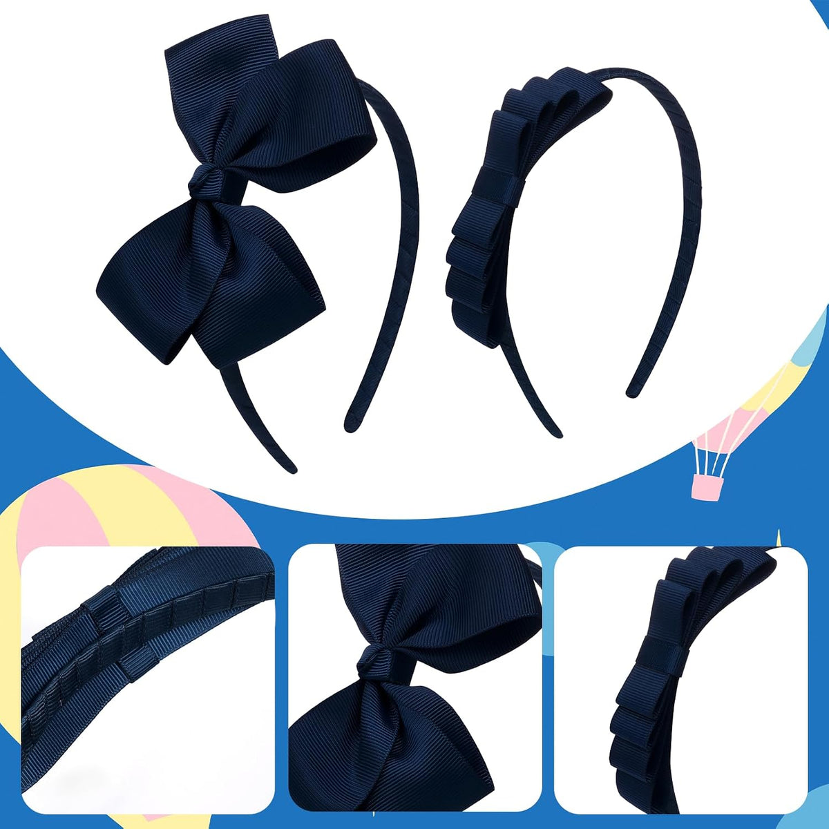 2Pcs Navy Blue Bow Headbands for Girls Toddler Uniform Hair Accessories