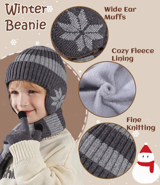 Kids Winter Hat Scarf Gloves Set 3Pcs, 3-12Y Fleece Lined Beanie With Earmuffs Double Layer Scarf Touchscreen Gloves Toddlers