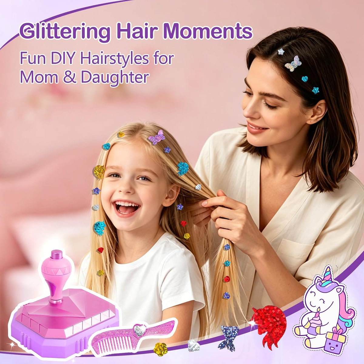 Hair Gem Stamper Kit – Hair Jewelry & Bling Craft Toys for Girls – Sparkling Hair Accessories with Glitter Sequins – DIY Hair Arts Crafts – Birthday Gifts for 5 6 7 8 9 10 11 12 Year Old