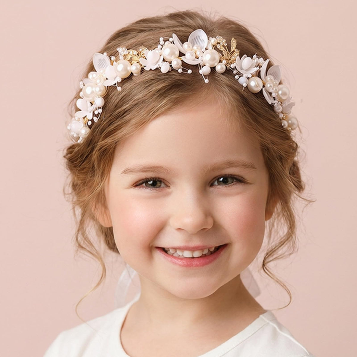 KAYZON Hair Accessories: Bridal Pearl Flower Headpiece Headband for Girls, Flower Girls, and Women (Gold)