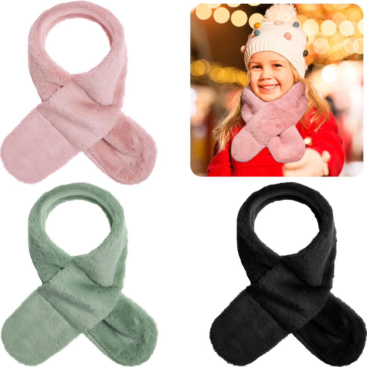 SATINIOR 3 Pieces Kids Winter Scarf Fleece Collar 3Color