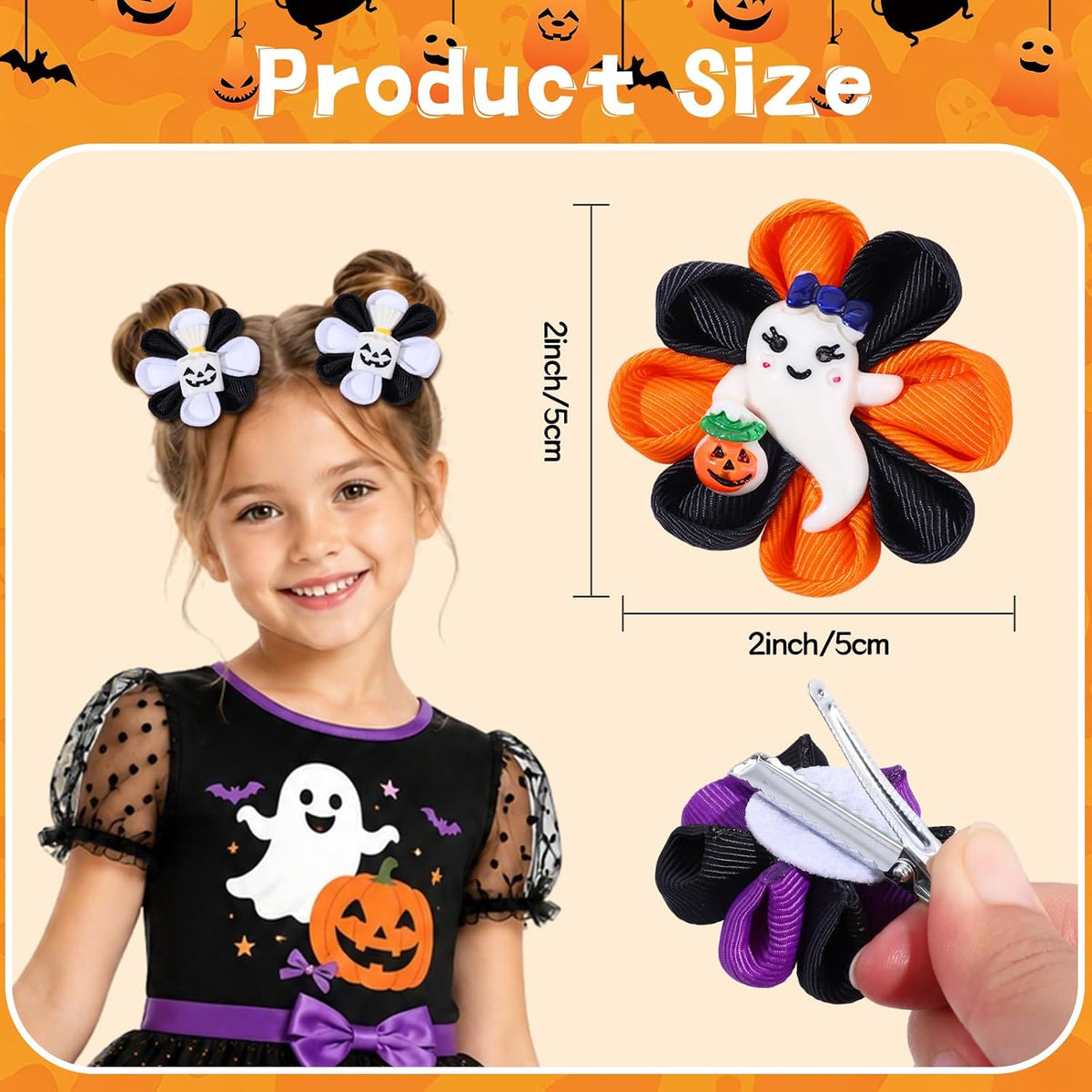 6PCS Halloween Hair Bows for Girls, Pumpkin Ghost Flower Hair Clips