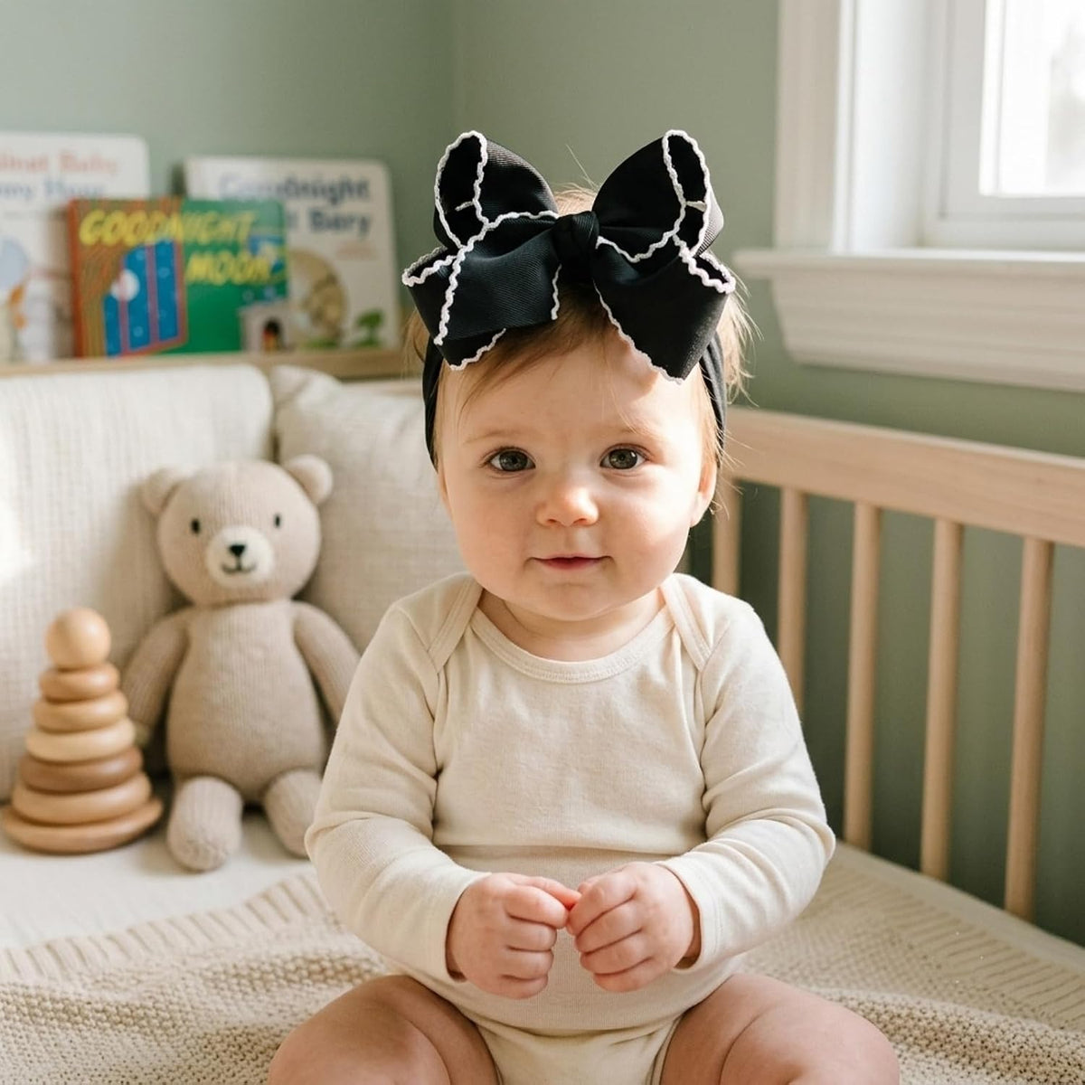 6'' Jumbo Black Baby Girls Bow Headbands, Soft Nylon Headwraps