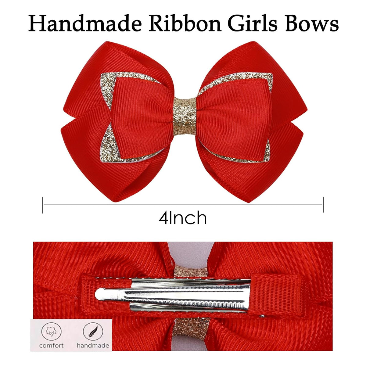 KISZU 4 Inch Hair Bows Clips Large Sparkle Ribbon Girls Alligator Barrettes Glitter Hair Accessories for Toddler Kids Children Teens Women