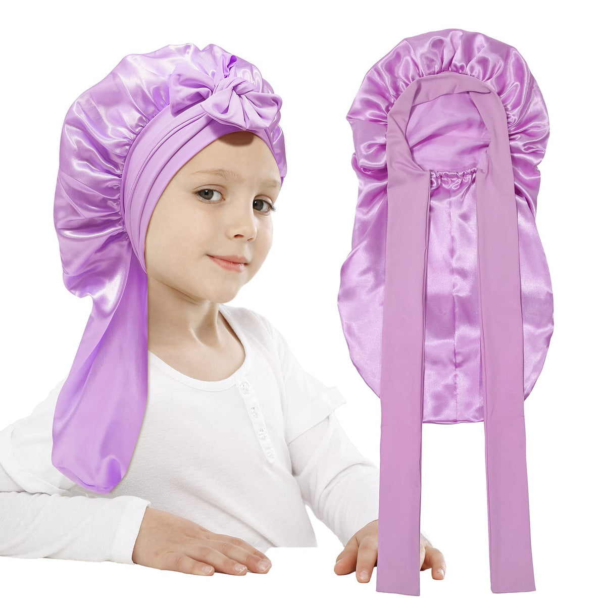 AWAYTR Kids Satin Bonnet for Girls Braids Long Hair Bonnet Sleeping Cap