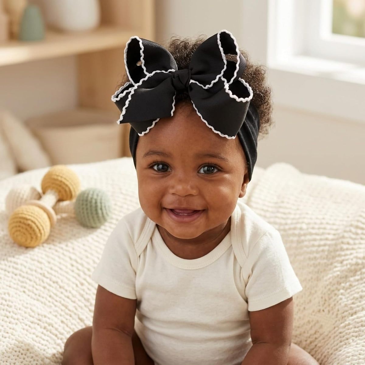 6'' Jumbo Black Baby Girls Bow Headbands, Soft Nylon Headwraps