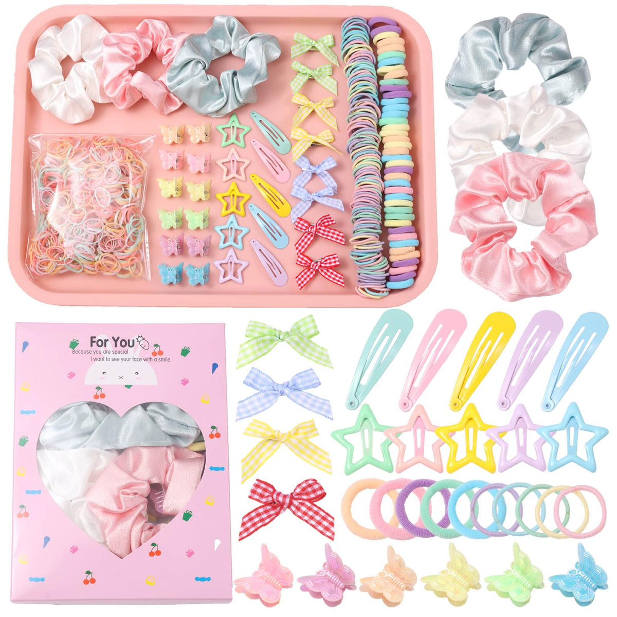 Rosvia Hair Accessories Set for Girls,Toddler Colorful Elastic Hair Ties with Gift Box 505PCS, Cute Rabbit Ear Hair Ties, Mini Flower Claw Clips and Butterfly Hair Clips,Satin Silk Scrunchies