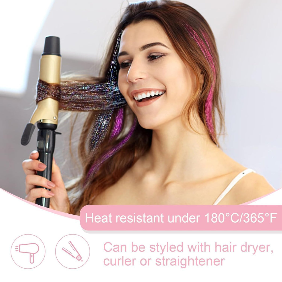 18 Pcs Hair Tinsel Clip in, Pink Hair Tinsel Kit, Tinsel Hair Extensions