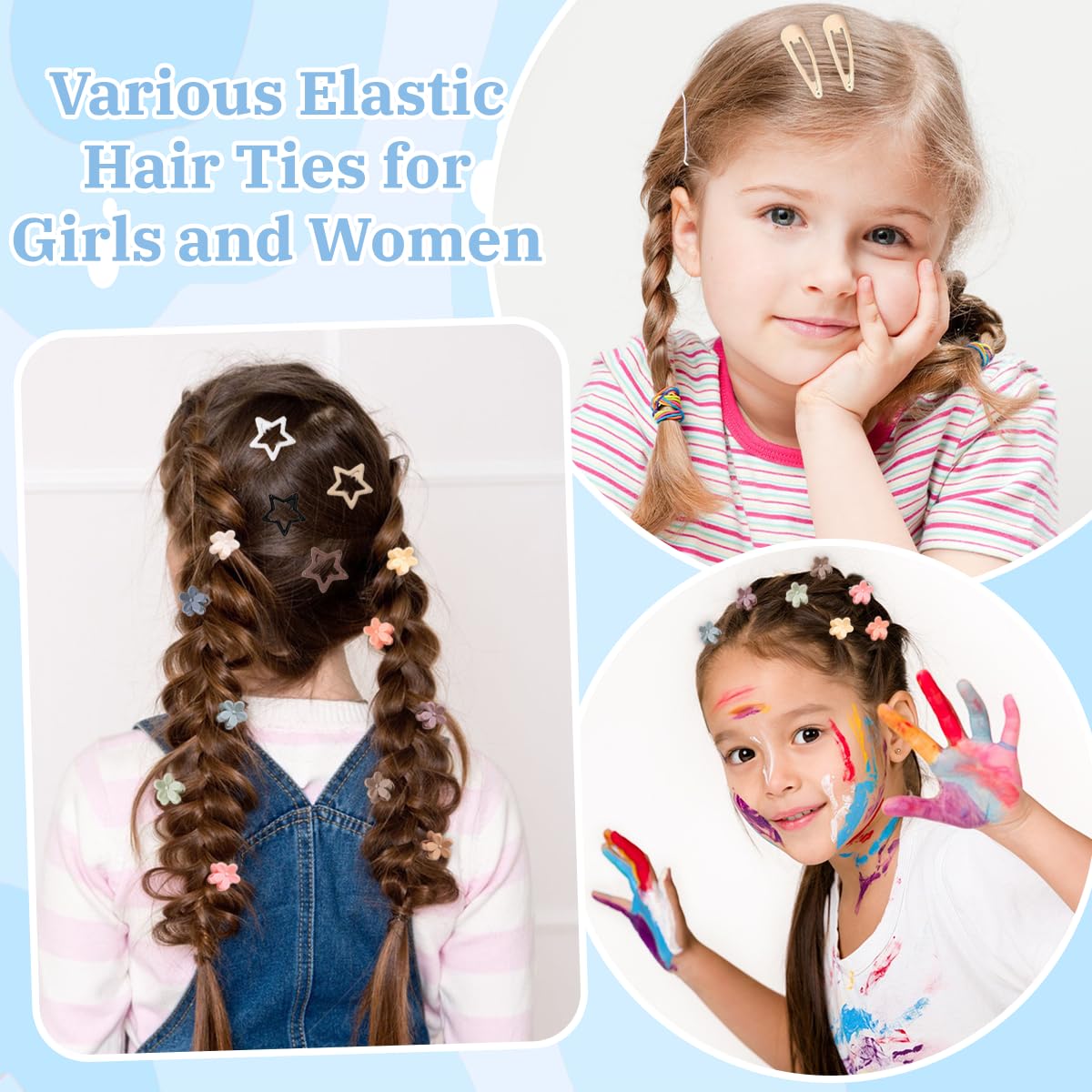 889 pcs Hair Rubber Bands Neutral Colors Elastic Hair Ties for Girls Hair Accessories Set with 30 pcs Star Hair Clips