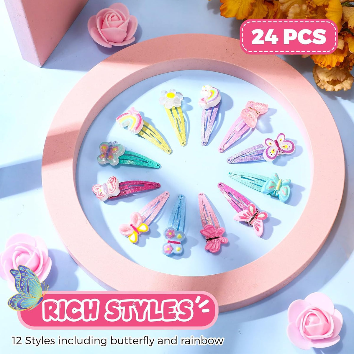 Hanaive 24 Pcs Rainbow Hair Clips for Girls Kids Hair Barrettes, Butterfly