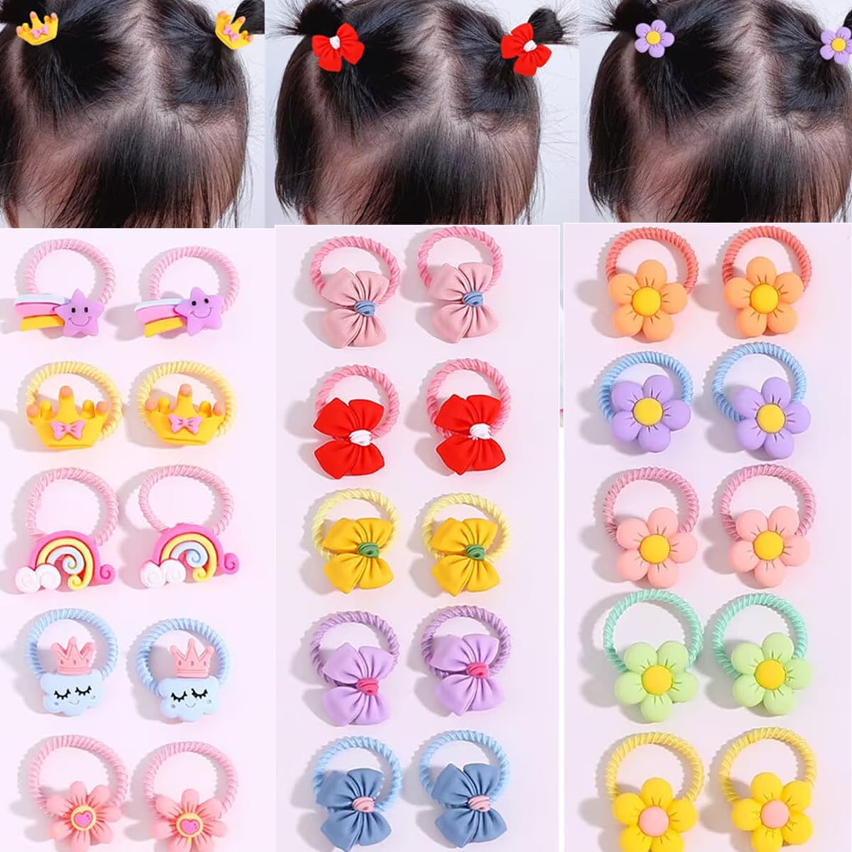 30pcs Toddler Hair Ties,Cartoon Bow,Flowers,Rainbows,Crowns Style with Rubber Band for Girls,Elastic No Damage Tiny Hair Sruchies,2-8Years/Adult's Fine,Pastel Colors