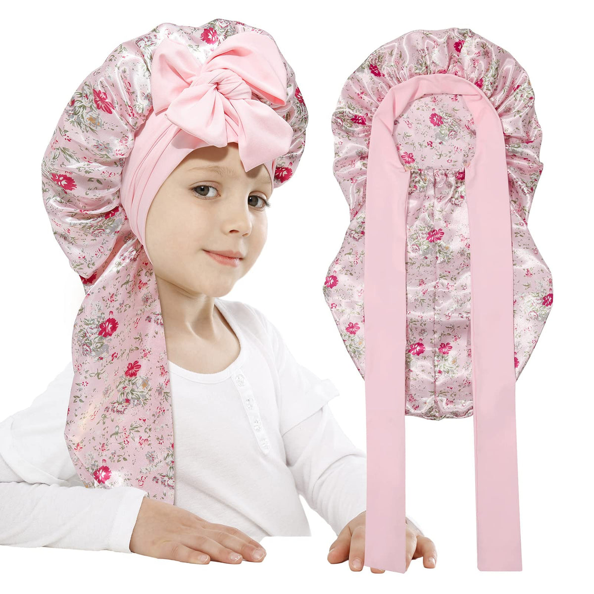 AWAYTR Kids Satin Bonnet for Girls Braids Long Hair Bonnet Sleeping Cap