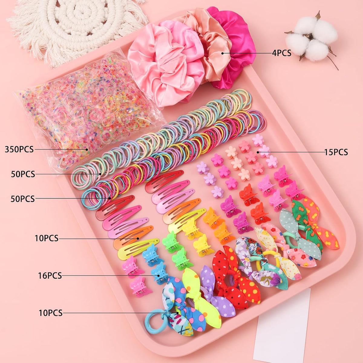 Rosvia Hair Accessories Set for Girls,Toddler Colorful Elastic Hair Ties with Gift Box 505PCS, Cute Rabbit Ear Hair Ties, Mini Flower Claw Clips and Butterfly Hair Clips,Satin Silk Scrunchies