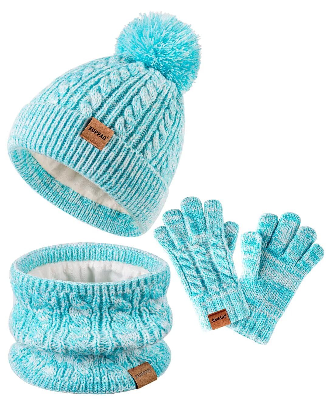 Kids Winter Hat Gloves Scarf Set,Girls Toddler Children Hats Beanie with Pom Knit Neck Warmer Gaiter Mittens Fleece Lined Set
