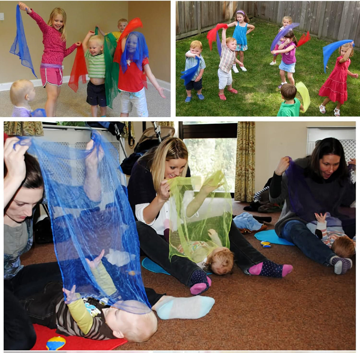 Lolakee Dance Scarves for Kids 12 Pcs Music Scarves Dance Scarf Play Scarves for Children Movement Square Juggling Silk Tricks Scarves Rhythm Band Scarves(6 Colors,24" x 24")