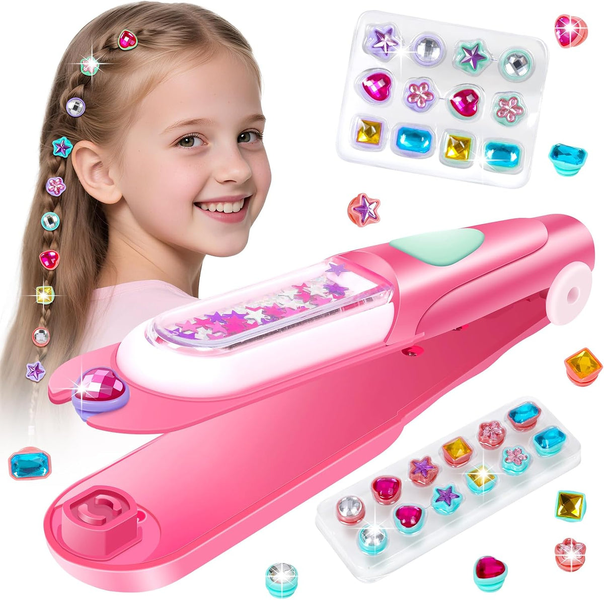 Vunrahsg Hair Gem Stamper Kit Hair Accessories for Girls Toy Bling Hair Styling Tool Reusable Shining Diamonds Hair Bead Jewelry Crafts Styling Head Stuff Birthday Gifts Toys 3 4 5 6 7 8-12 Girl Toys