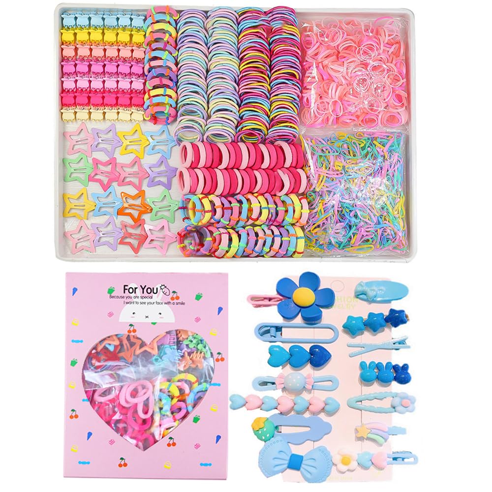 889 pcs Elastic Hair Ties for Girls Hair Accessories Ponytail Holders Colorful Rubber Bands Set with 14 pcs Cute Hair Clip