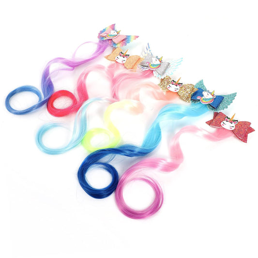 6-Colors Unicorn Hair Bows Clips Hair Accessories For Girls Kids Glitter Braided Curly Gradient Color Wig Hair Extensions(6PCS)