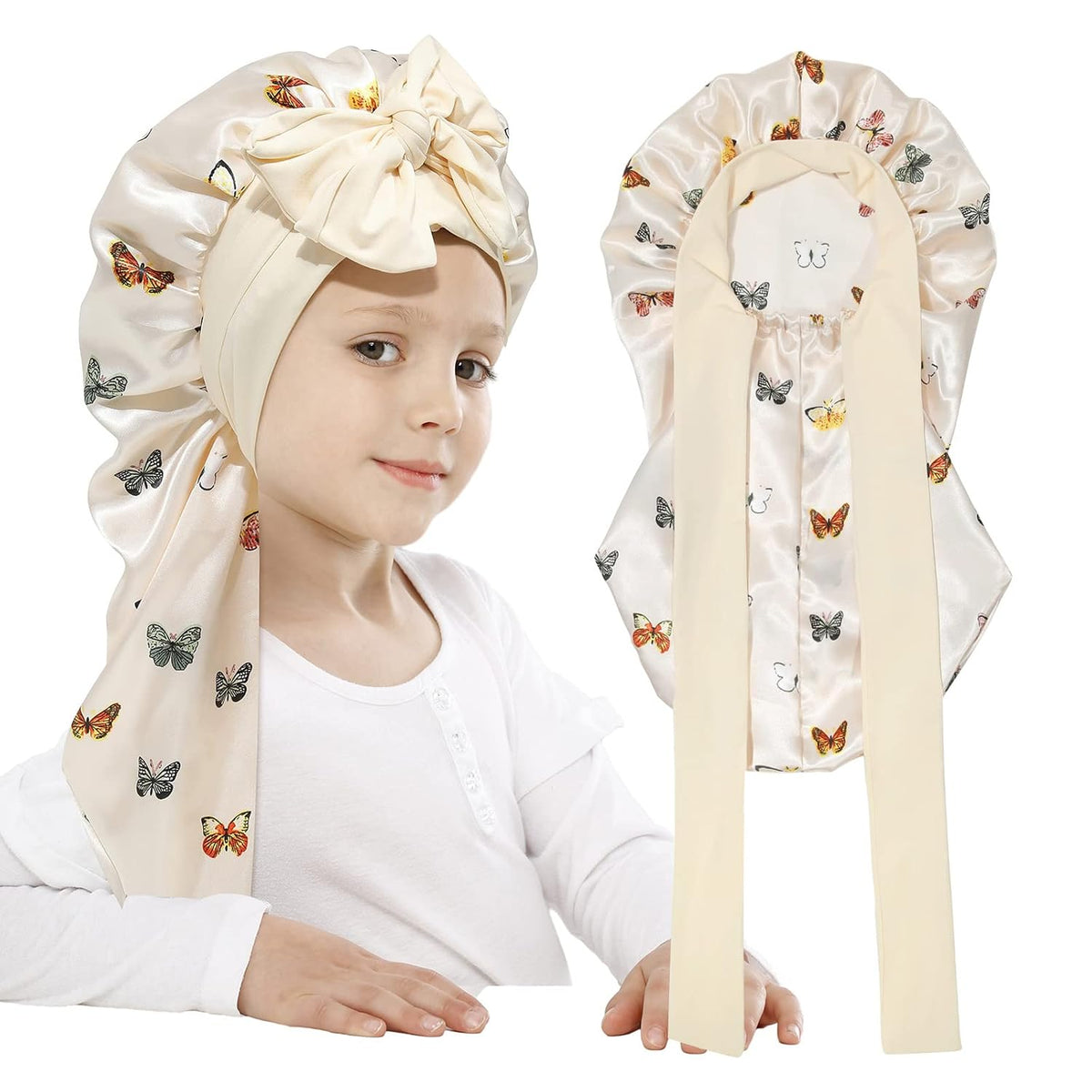 AWAYTR Kids Satin Bonnet for Girls Braids Long Hair Bonnet Sleeping Cap