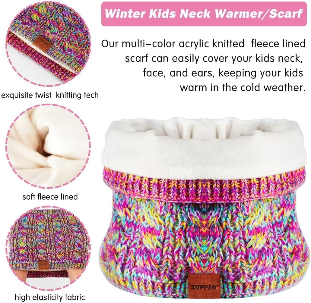 Kids Winter Hat Gloves Scarf Set,Girls Toddler Children Hats Beanie with Pom Knit Neck Warmer Gaiter Mittens Fleece Lined Set