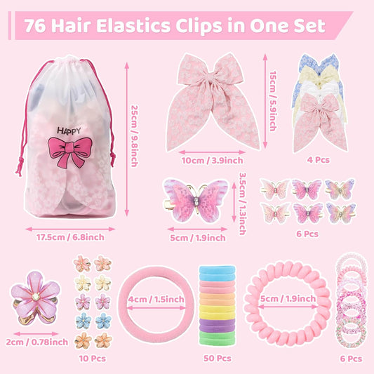 76Pcs Pink Little Girls Hair Accessories Set with Elastic Hair Ties Clips