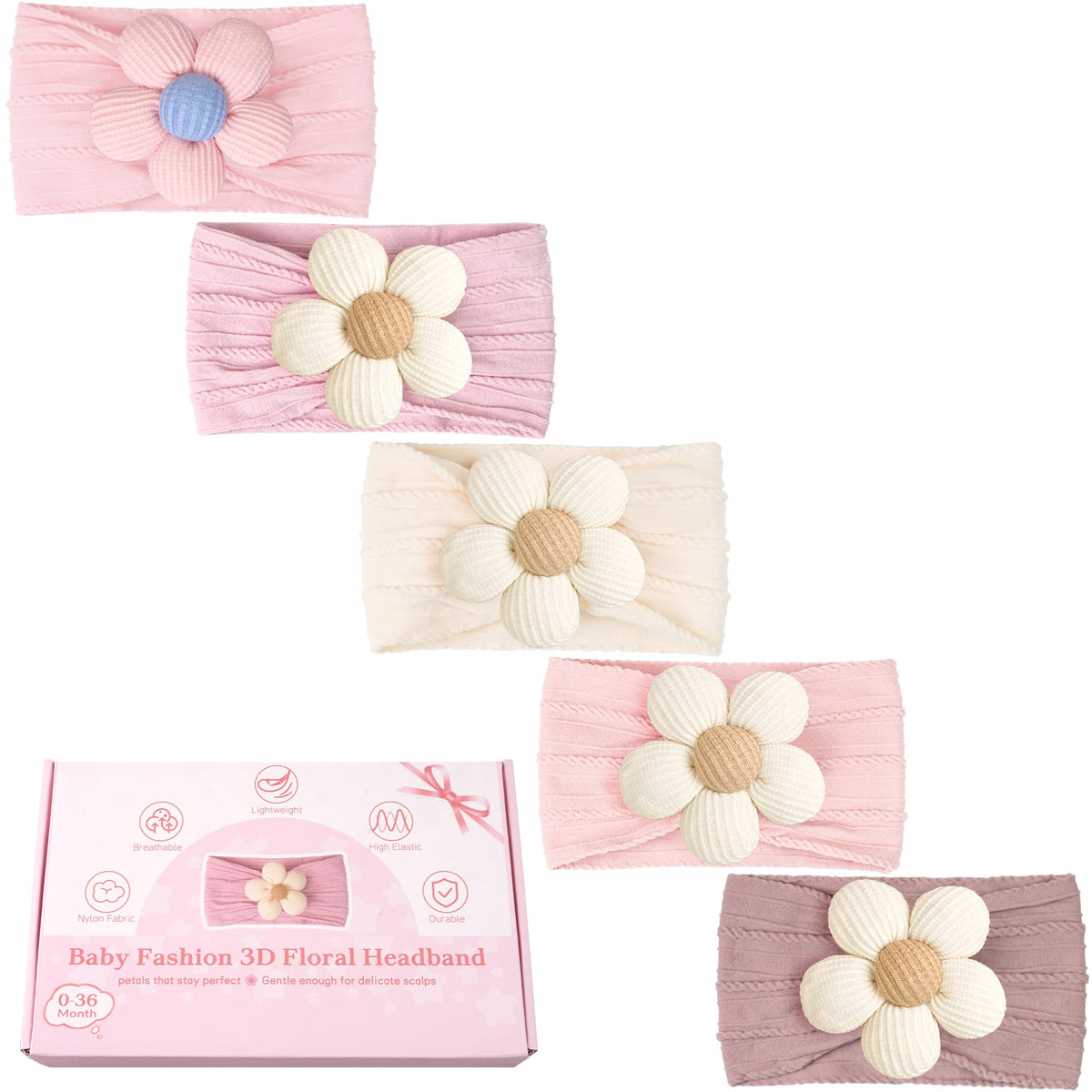 CÉLLOT 5Pcs Baby Flower Headbands Baby Girl Soft Nylon Headband for Newborn