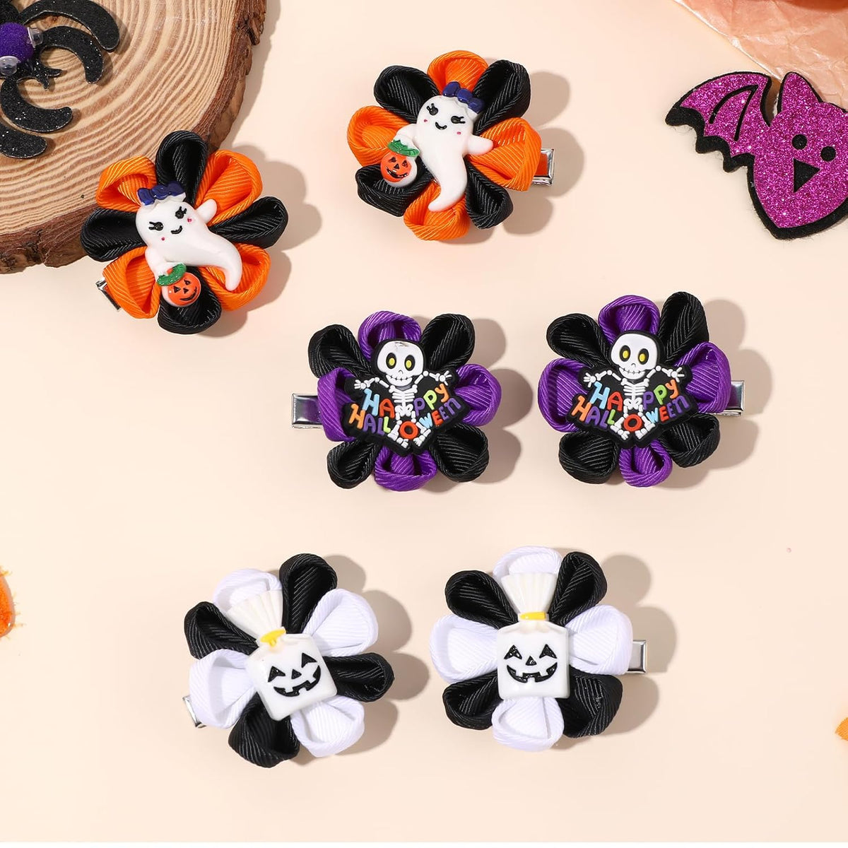 6PCS Halloween Hair Bows for Girls, Pumpkin Ghost Flower Hair Clips