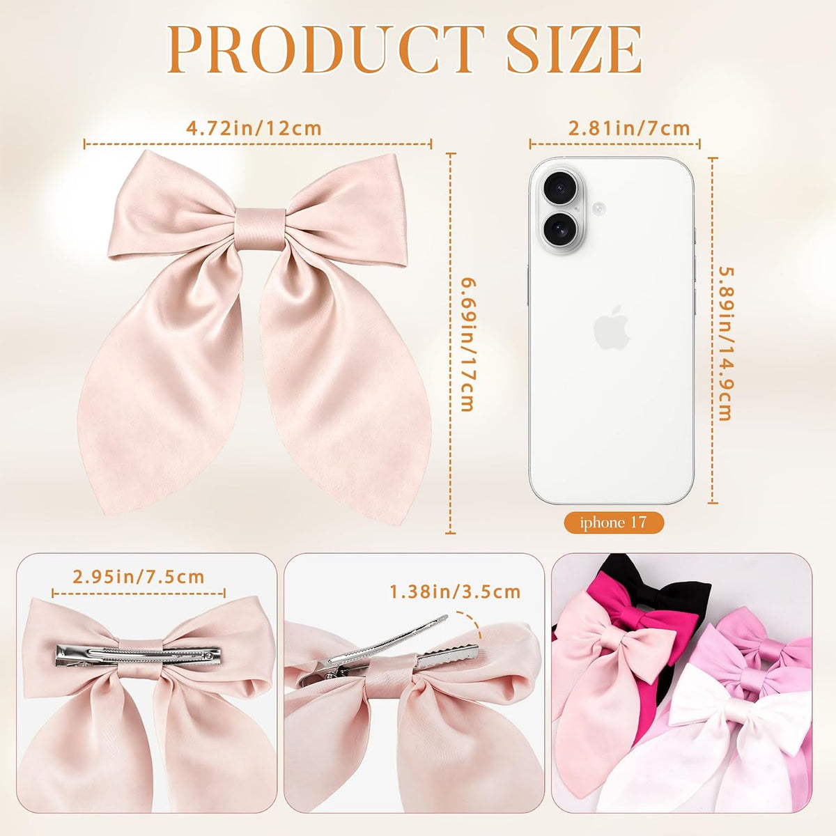 Bow Hair Clips for Women, 6Pcs Pink Hair Bows for Girls, Silky Satin Bows