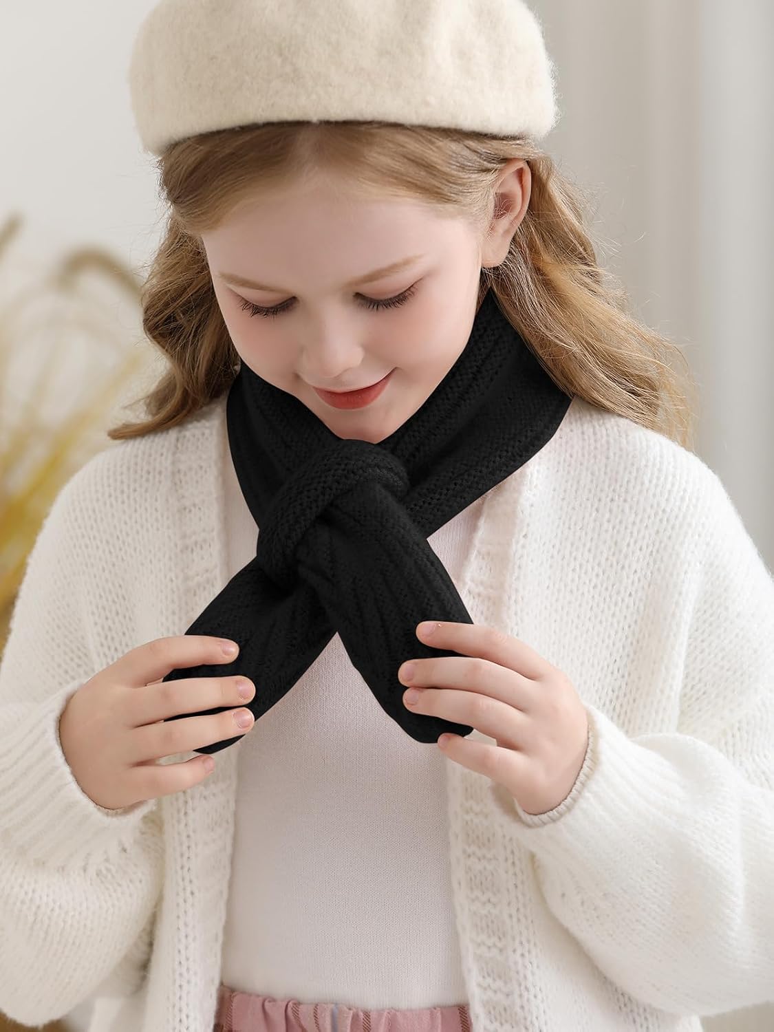 Haloumoning Kids Girls Knit Scarf Toddler Warm Winter Cross Tie Wrap Neck Warmer Cute Scarves 1-14 Years