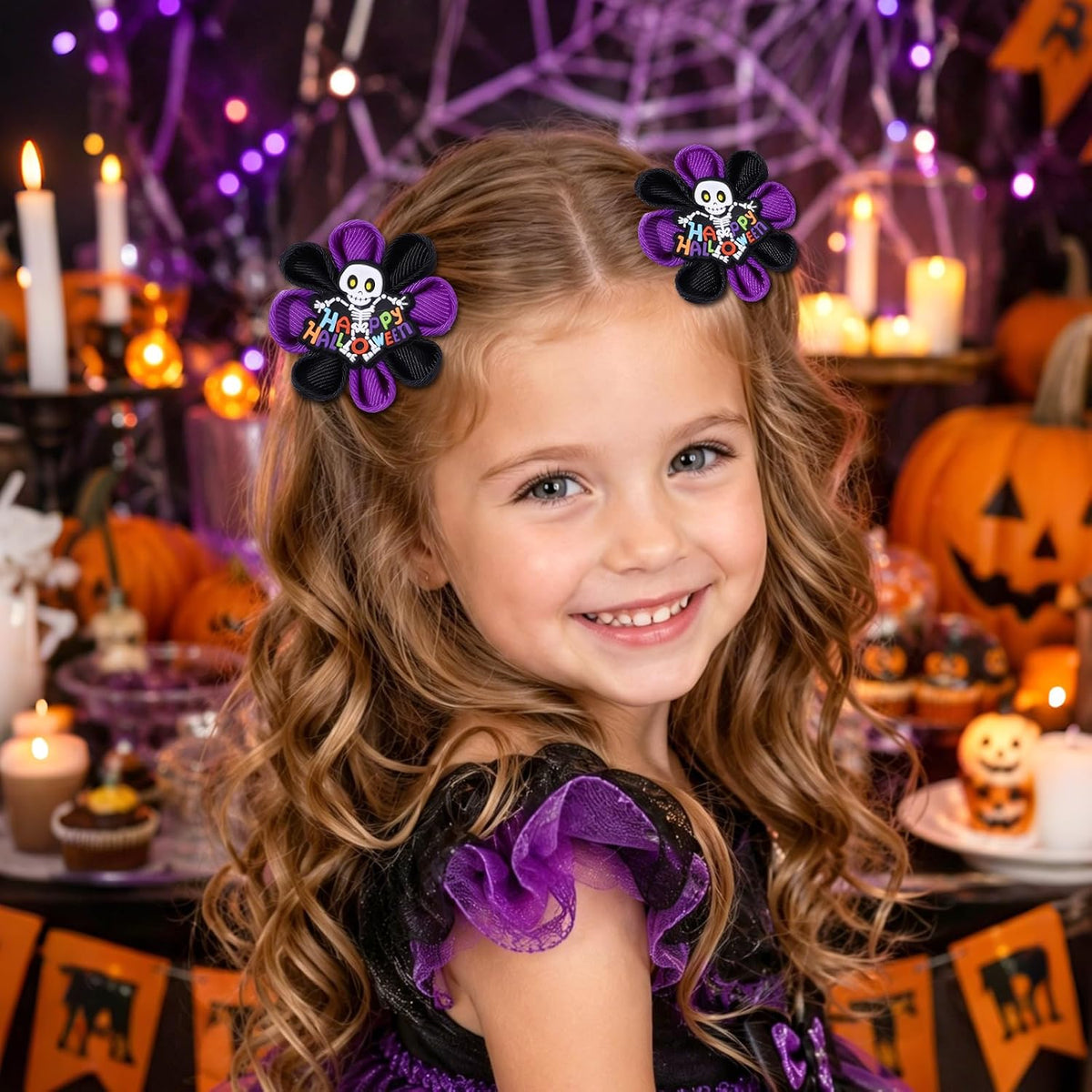 6PCS Halloween Hair Bows for Girls, Pumpkin Ghost Flower Hair Clips