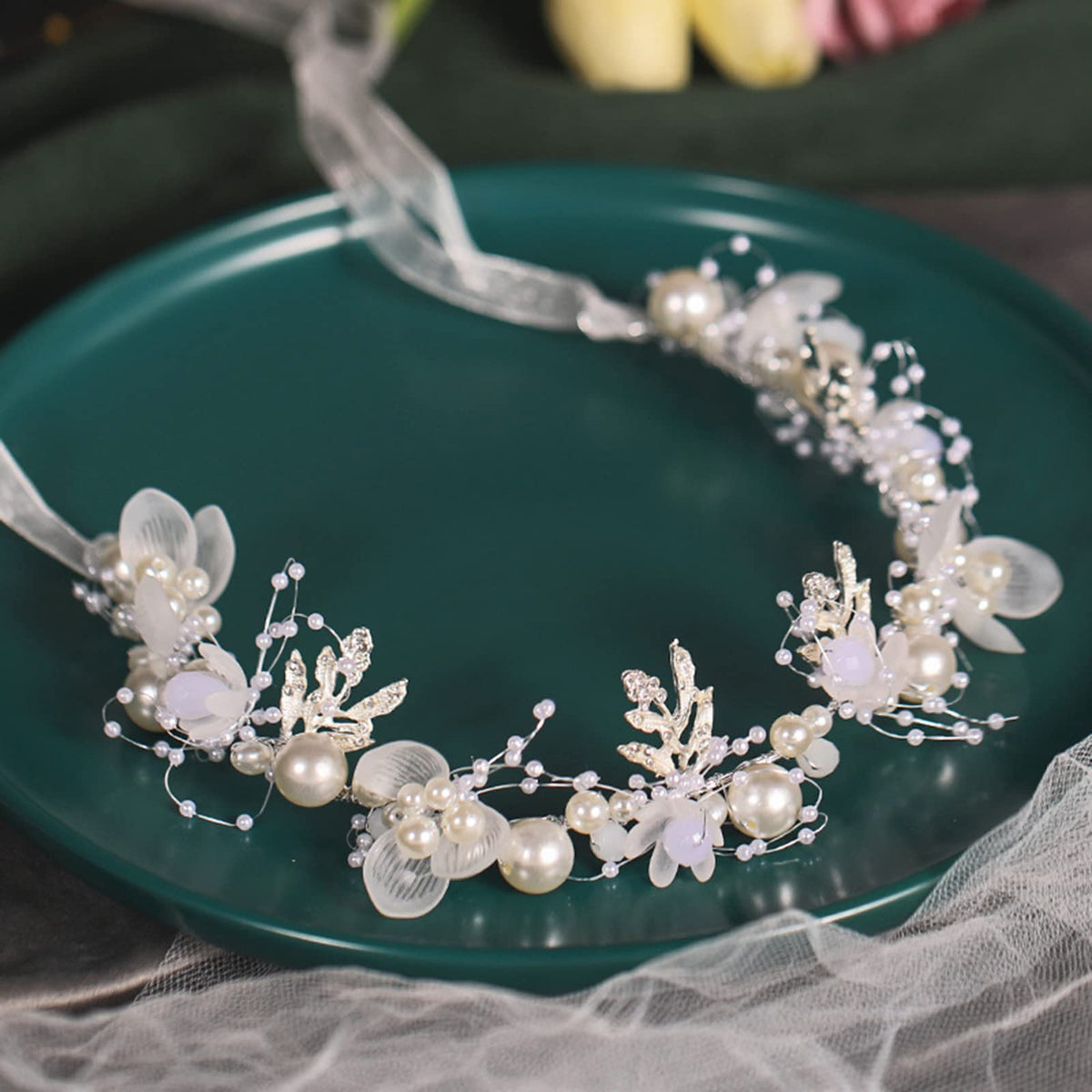 KAYZON Hair Accessories: Bridal Pearl Flower Headpiece Headband for Girls, Flower Girls, and Women (Gold)