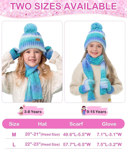 Remifa Kids Winter Hat Scarf Gloves Set, Girls Boys Toddler 8% Wool Warm Fleece Beanie Knit Neck Scarf Mittens Christmas Gift