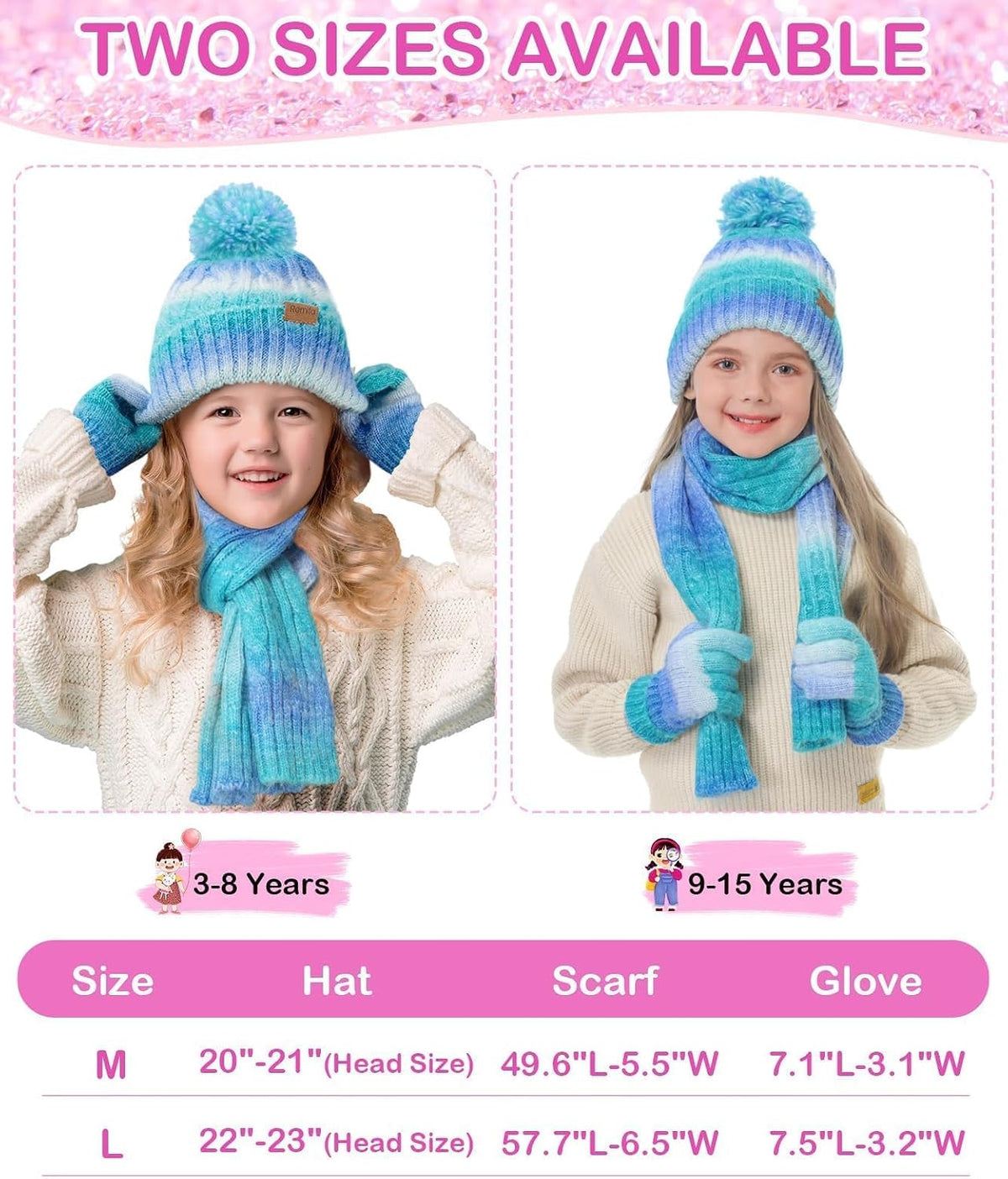 Remifa Kids Winter Hat Scarf Gloves Set, Girls Boys Toddler 8% Wool Warm Fleece Beanie Knit Neck Scarf Mittens Christmas Gift