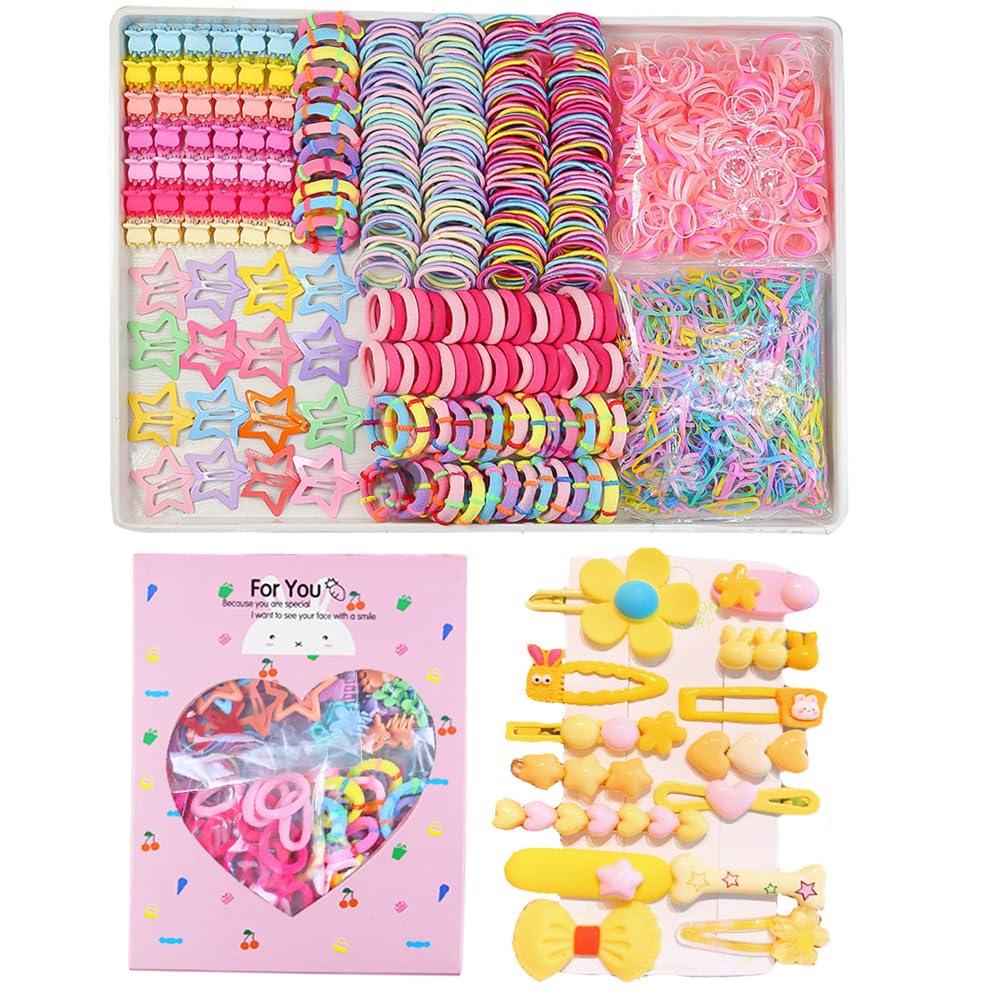889 pcs Elastic Hair Ties for Girls Hair Accessories Ponytail Holders Colorful Rubber Bands Set with 14 pcs Cute Hair Clip