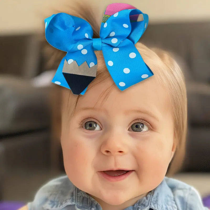 JoyBowie Kids' 6 Polka Dot Bows 4.5 Inches Dot Print Knit Hair Accessories Sets, Pencil-Themed 4-5 Years Back-to-School Playful Headpieces for Hair Styling