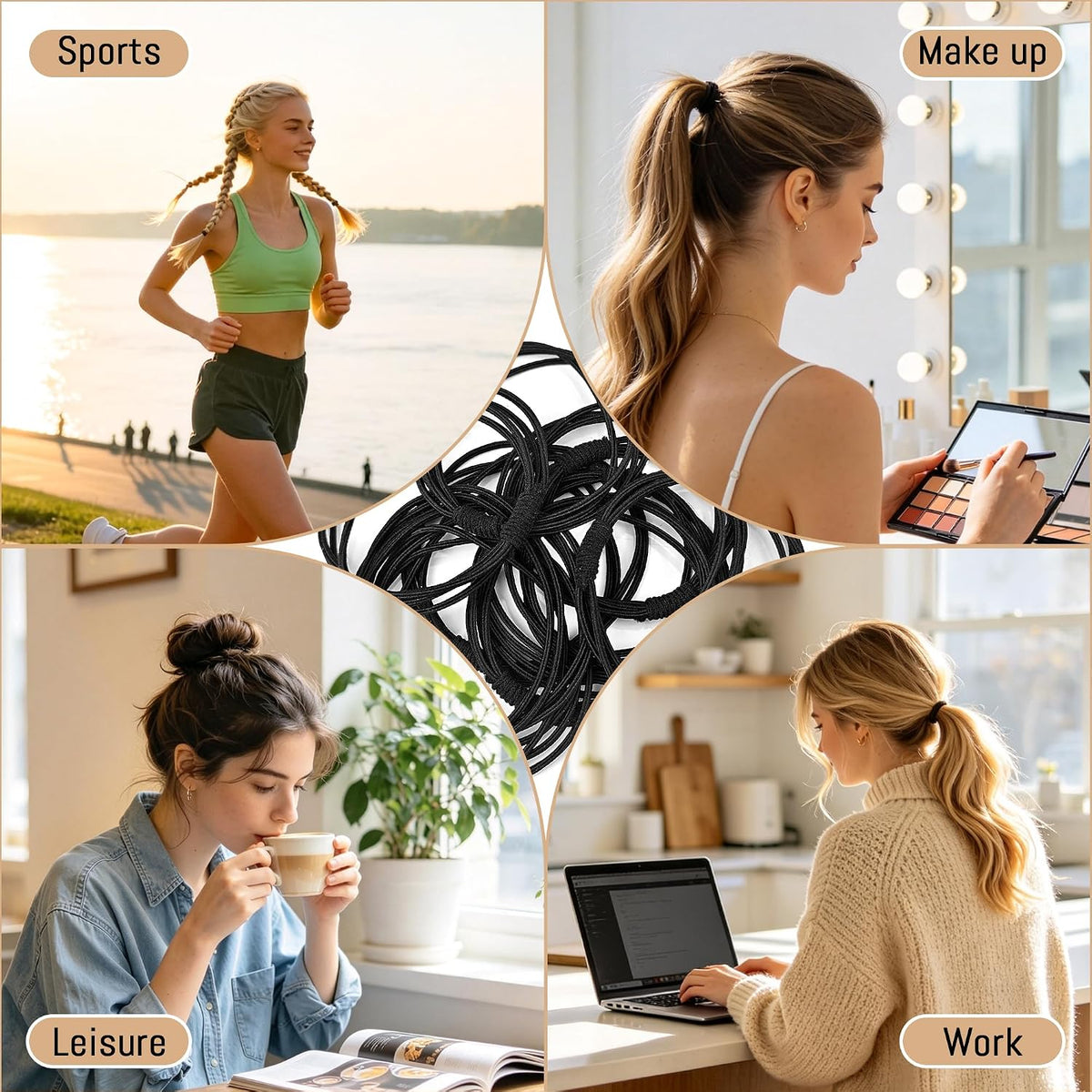 XieNie 50pcs Black Hair Ties for Women Girls with Thick Long Heavy or Curly Hair, Strong Hair Elastics No Damage 4Bands Tied Together High Ponytail Holders Hair Bands, Hair Accessories