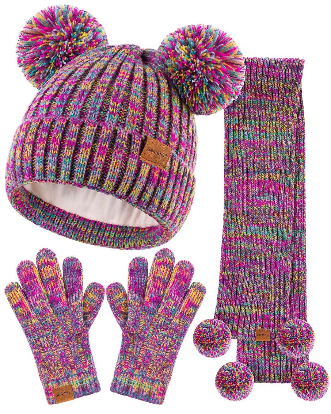 Kids Winter Hat Gloves Scarf Set, Girls Toddler Children Beanie with Pom Knit Neck Warmer Gaiter Mittens Fleece Lined Set
