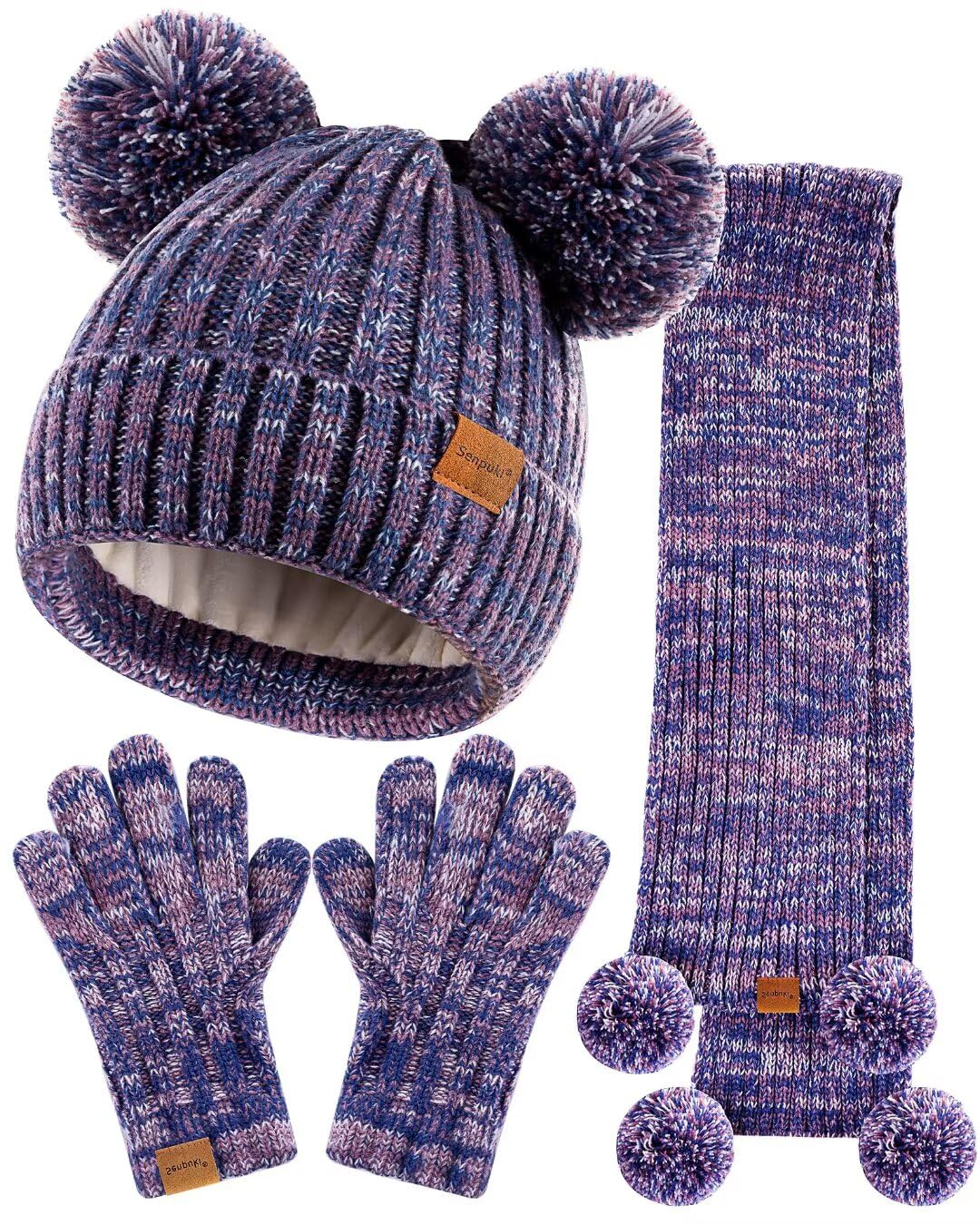 Kids Winter Hat Gloves Scarf Set, Girls Toddler Children Beanie with Pom Knit Neck Warmer Gaiter Mittens Fleece Lined Set